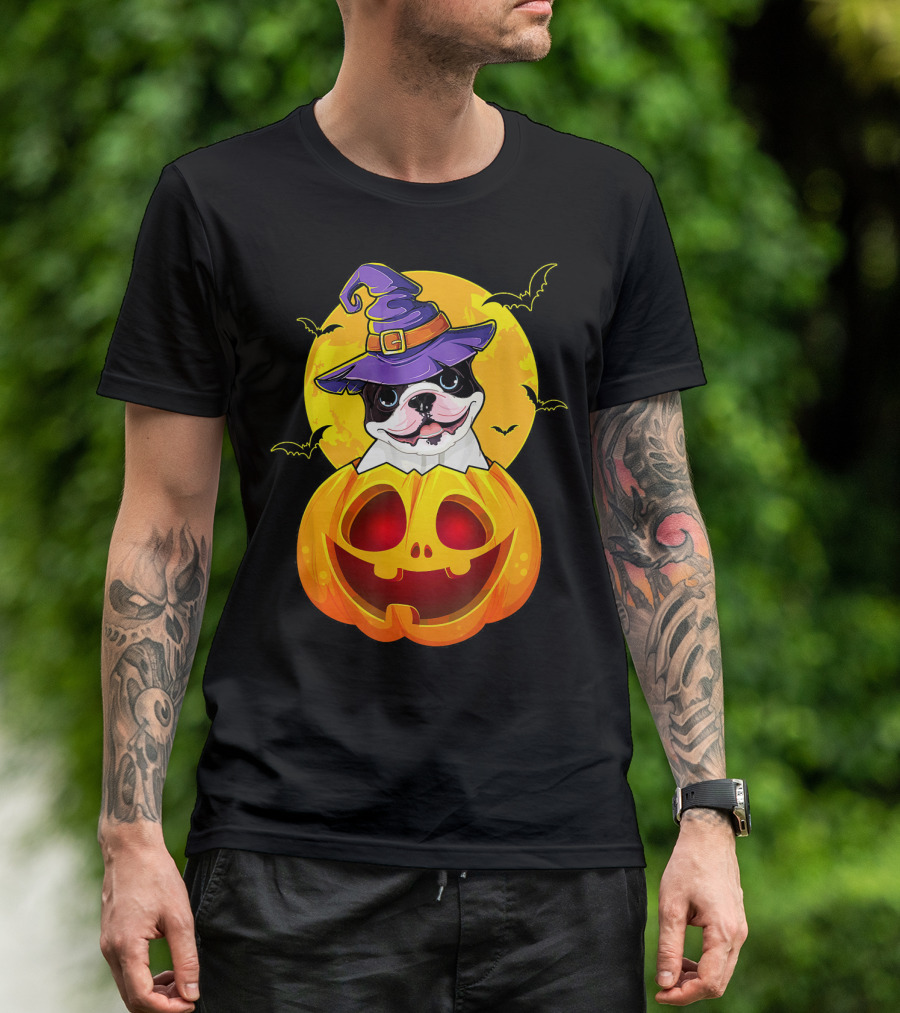 French Bulldog In Witch Hat Inside Jack O Lantern With Bats And Full Moon T-Shirt