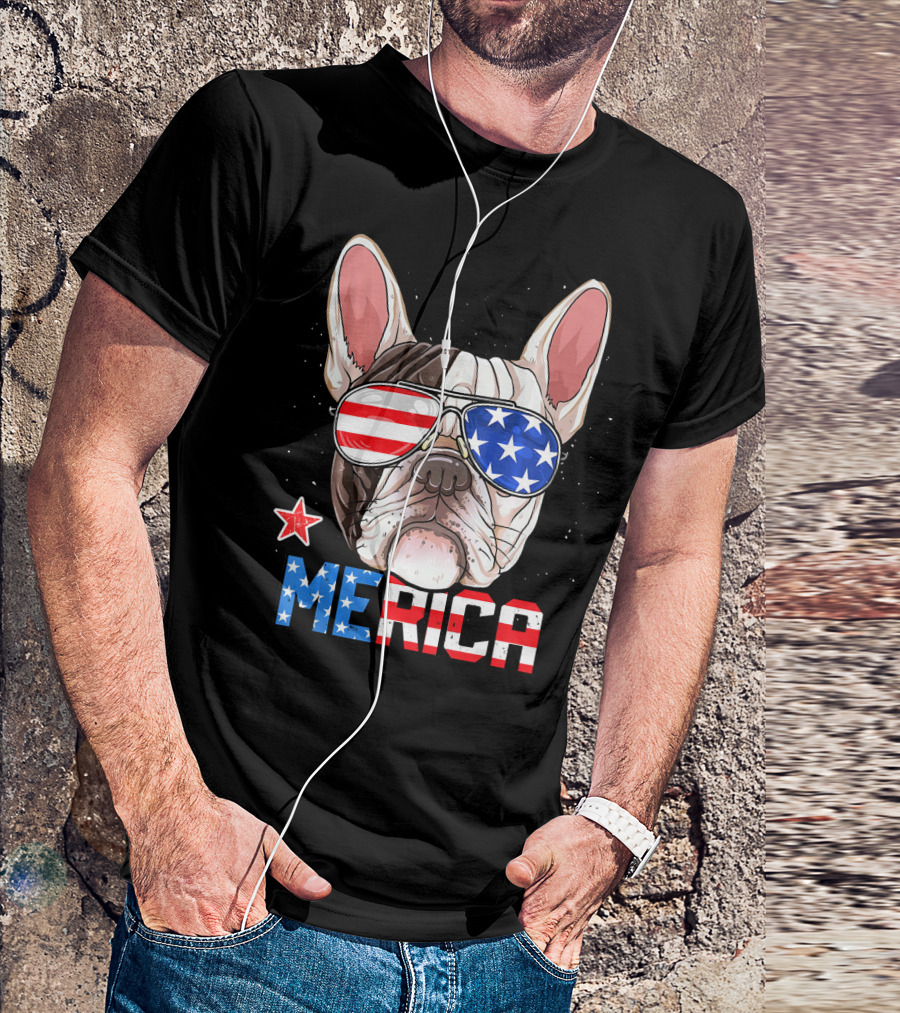 Merica French Bulldog American Flag Glasses 4th Of July T-Shirt