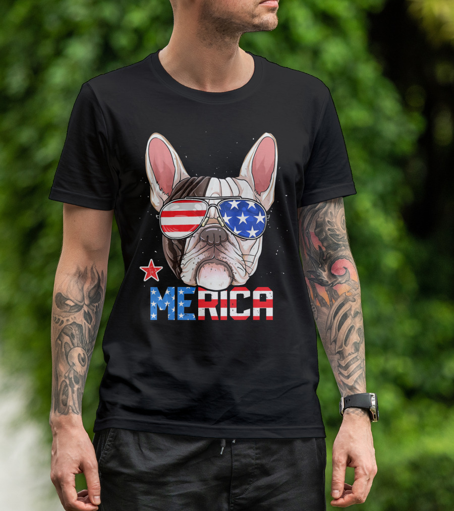 Merica French Bulldog American Flag Glasses 4th Of July T-Shirt