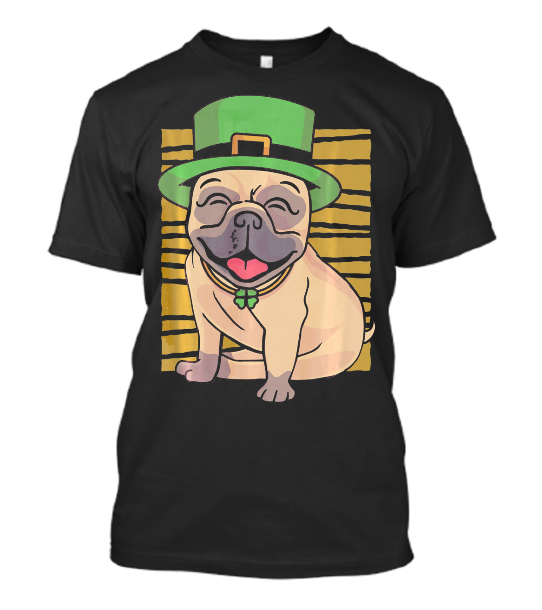 Funny St. Patrick's Day Pug In Green Leprechaun Hat With Shamrock Necklace T-Shirt