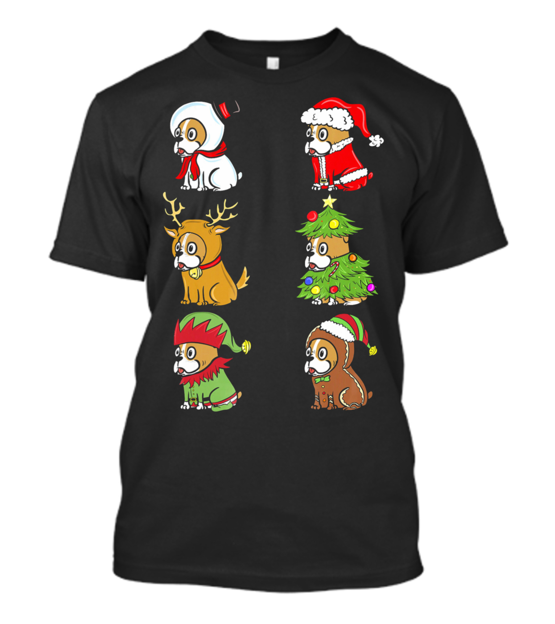 English Bulldog Christmas Costume Designs Featuring Santa Snowman Reindeer Tree Elf Gingerbread T-Shirt