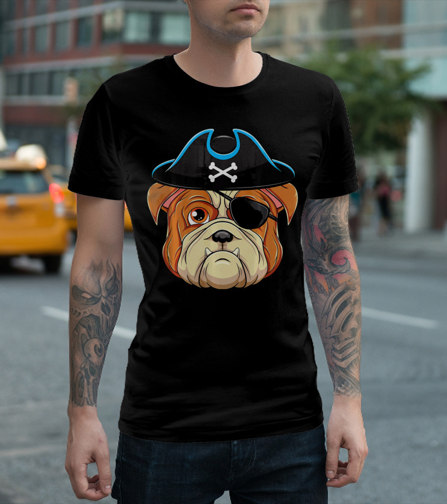 English Bulldog Pirate With Crossbones Hat And Eyepatch T-Shirt