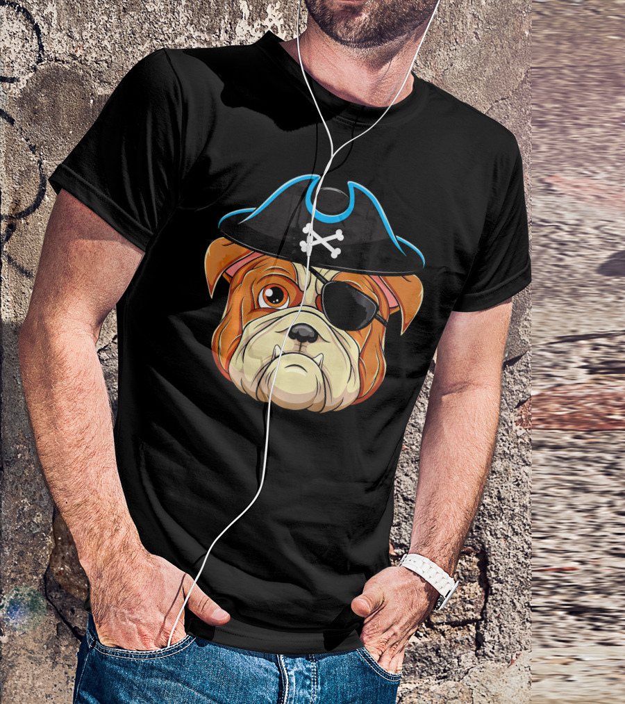 English Bulldog Pirate With Crossbones Hat And Eyepatch T-Shirt