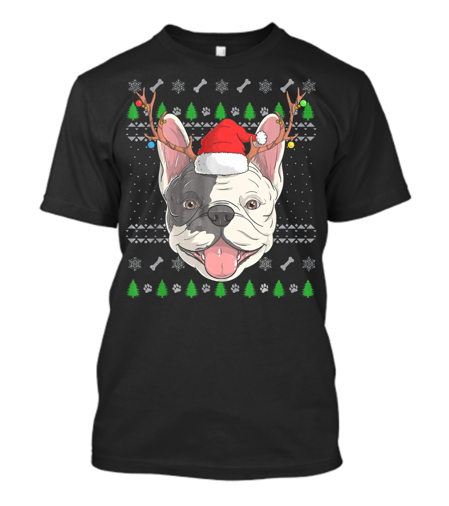French Bulldog Santa Claus Christmas Reindeer Antlers Festive Holiday Paw Prints Snowflakes Trees T-Shirt
