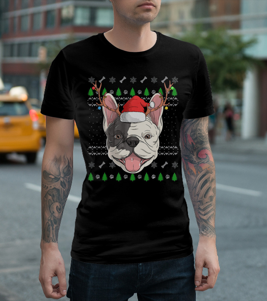 French Bulldog Santa Claus Christmas Reindeer Antlers Festive Holiday Paw Prints Snowflakes Trees T-Shirt