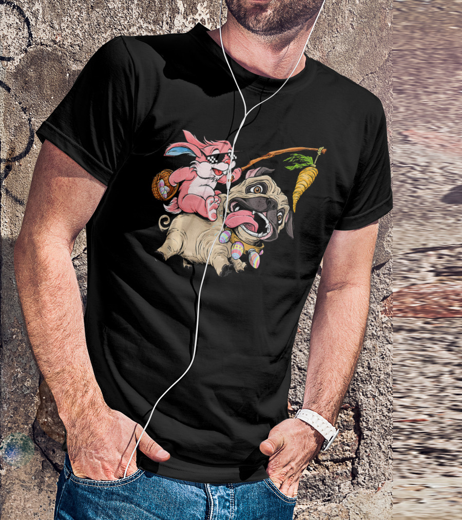 Easter Bunny Riding Pug With Sunglasses And Carrot T-Shirt