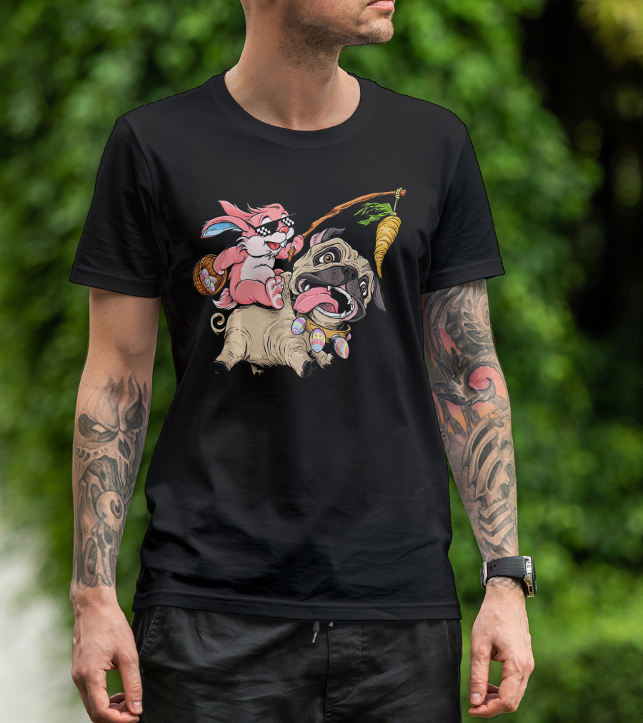 Easter Bunny Riding Pug With Sunglasses And Carrot T-Shirt