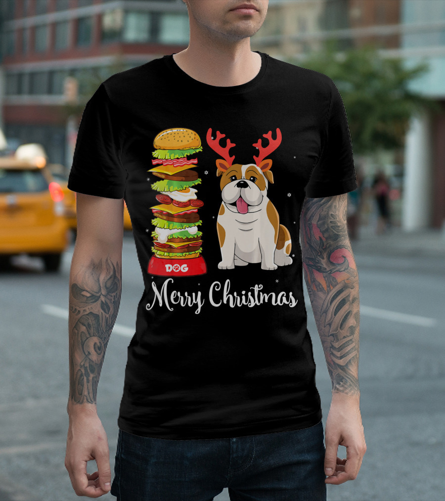 Merry Christmas English Bulldog Reindeer Hat Dog Burger T-Shirt