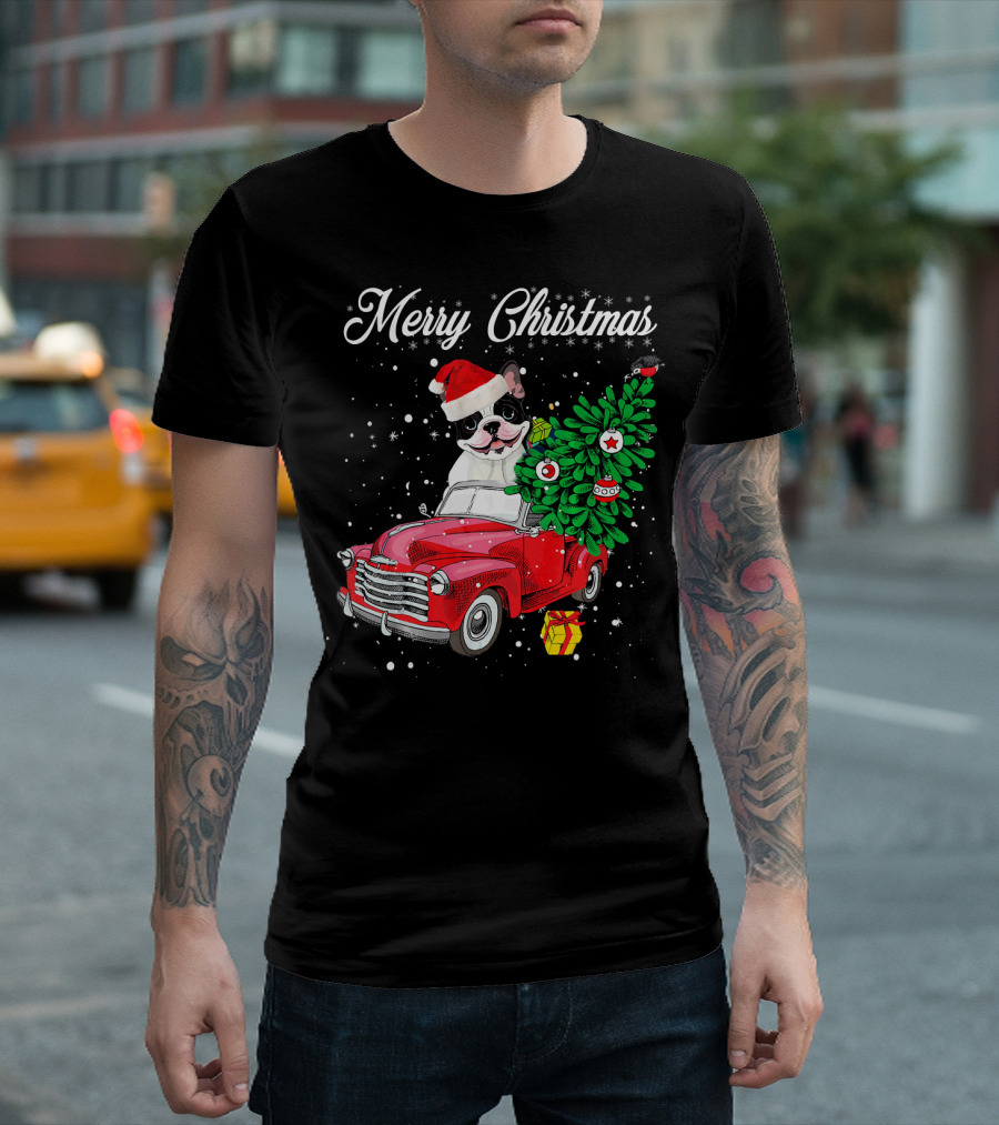 Merry Christmas French Bulldog Santa Hat Red Truck Christmas Tree Present T-Shirt