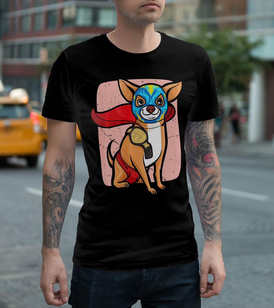 Funny Chihuahua Lucha Libre Wrestling Mask Cape Champion T-Shirt