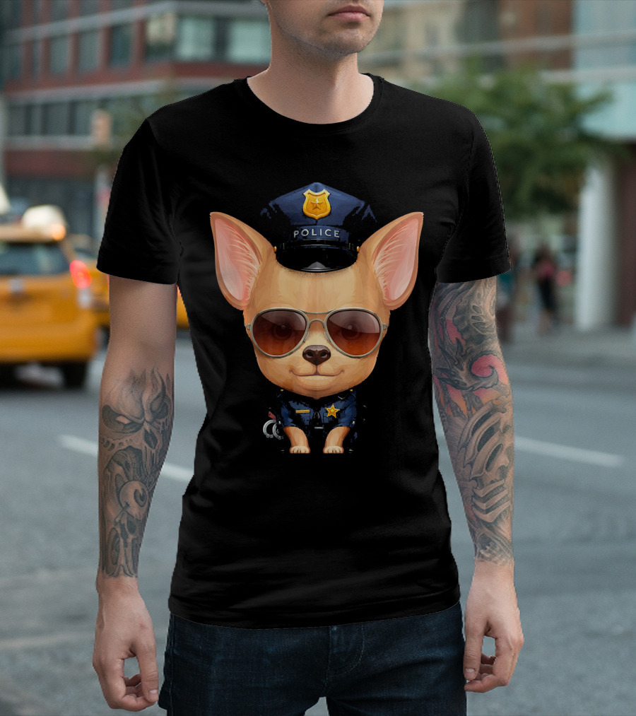Chihuahua Police Officer in Sunglasses and Uniform T-Shirt