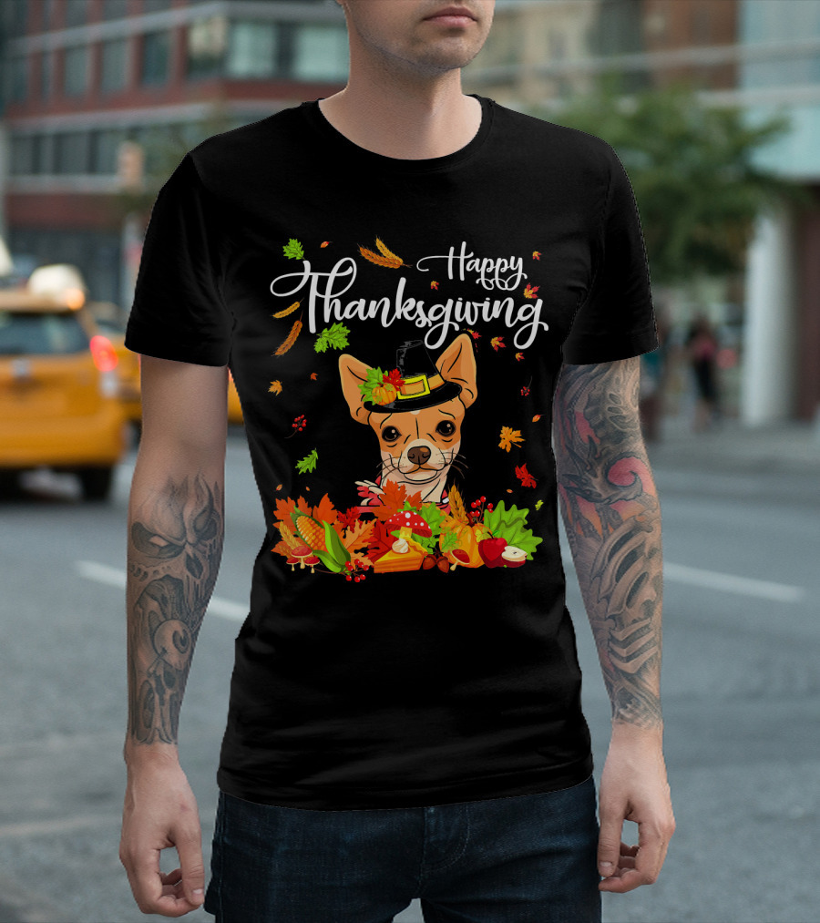 Thanksgiving Chihuahua Hat Vegetables Autumn Leaves T-Shirt