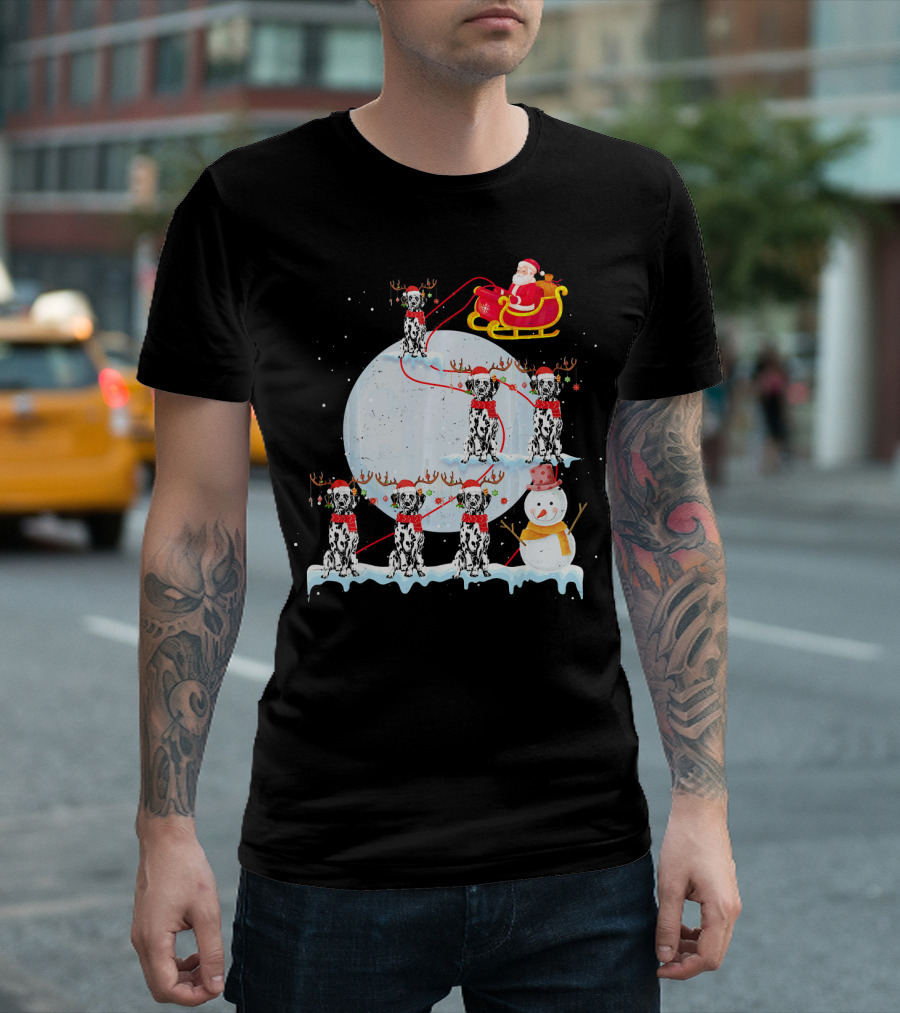 Santa Sleigh with Dalmatian Reindeer and Snowman for Christmas Fun T-Shirt