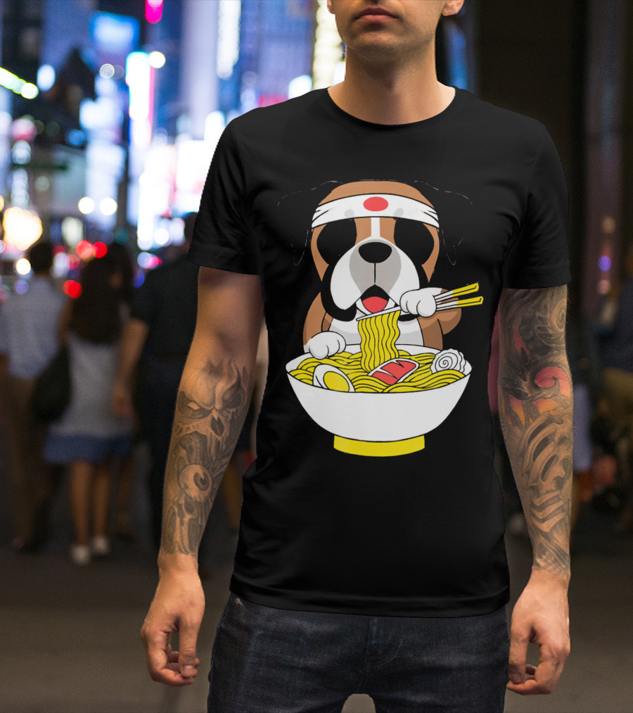 English Bulldog Eating Ramen With Japanese Headband T-Shirt