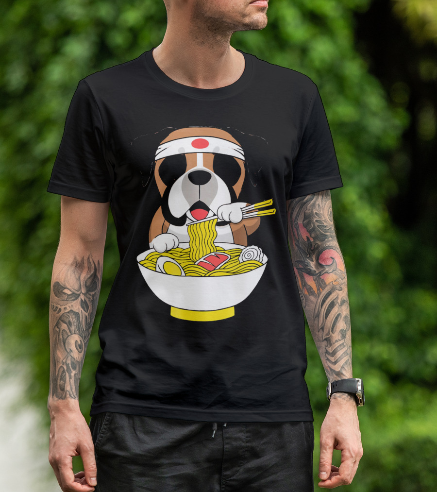 English Bulldog Eating Ramen With Japanese Headband T-Shirt