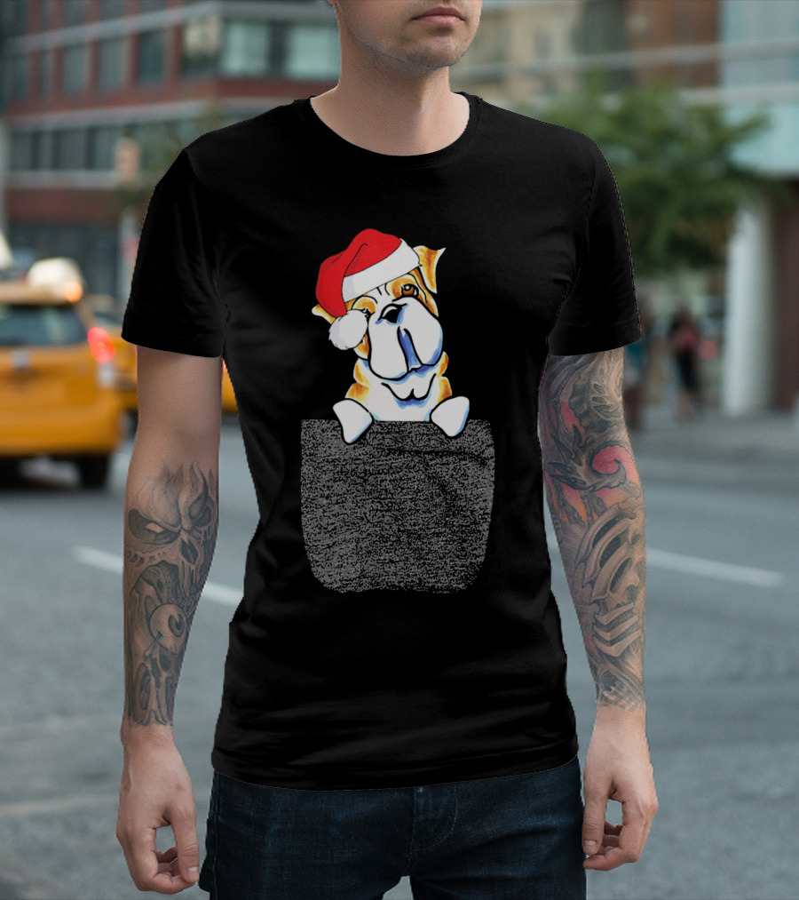 English Bulldog with Santa Hat in Pocket T-Shirt