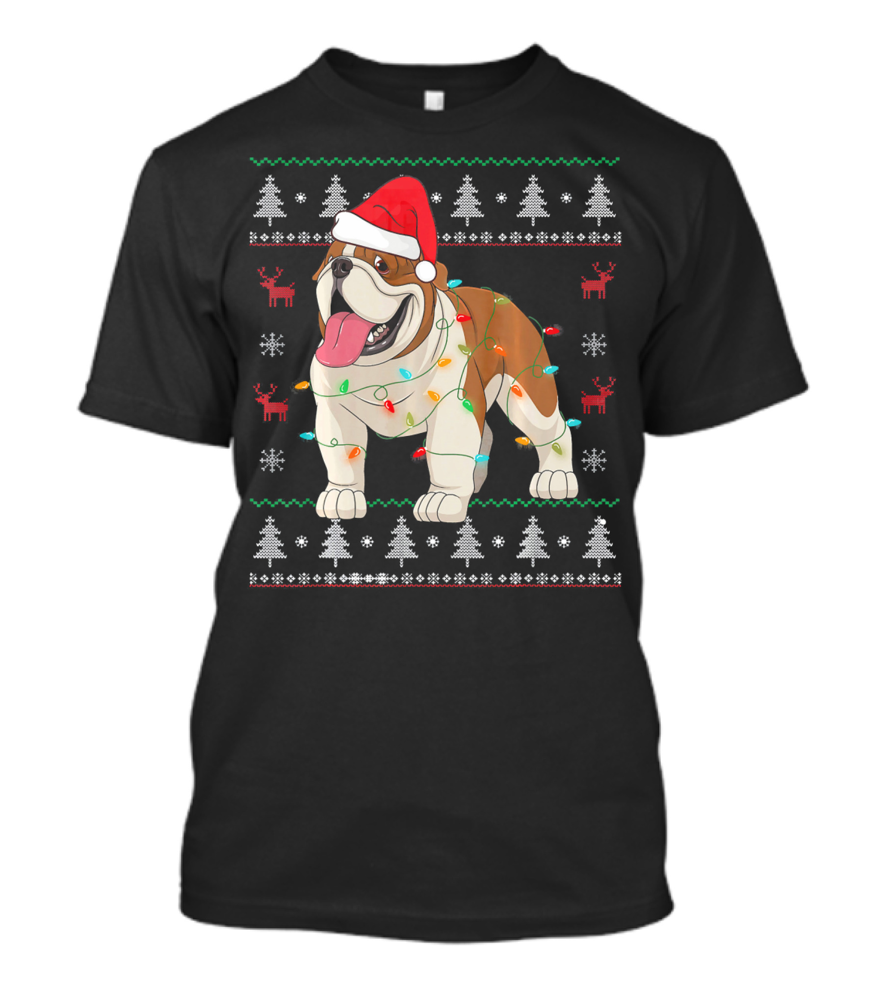 English Bulldog Santa Hat Christmas Lights Ugly T-Shirt