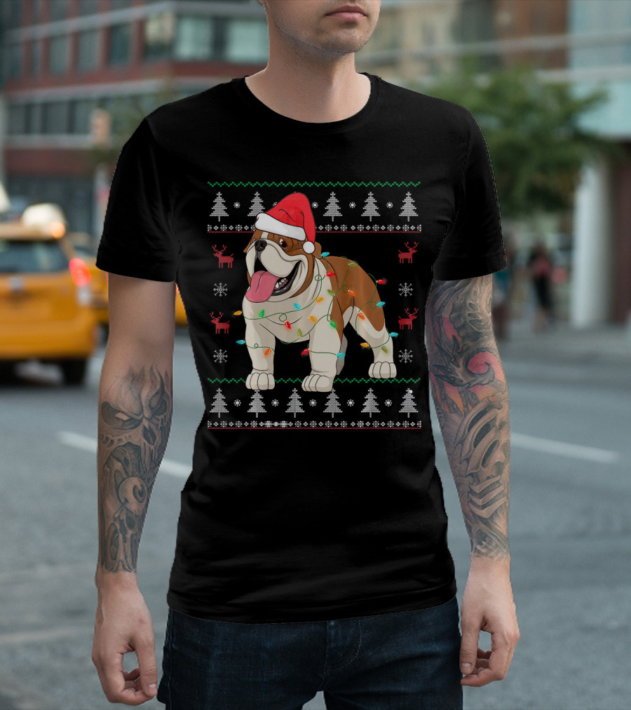 English Bulldog Santa Hat Christmas Lights Ugly T-Shirt