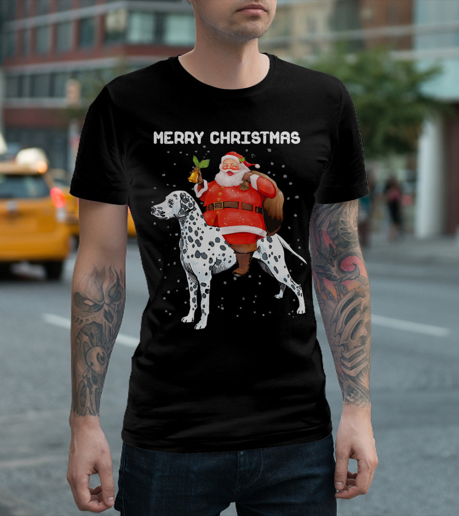 Merry Christmas Funny Santa Riding Dalmatian Dog T-Shirt
