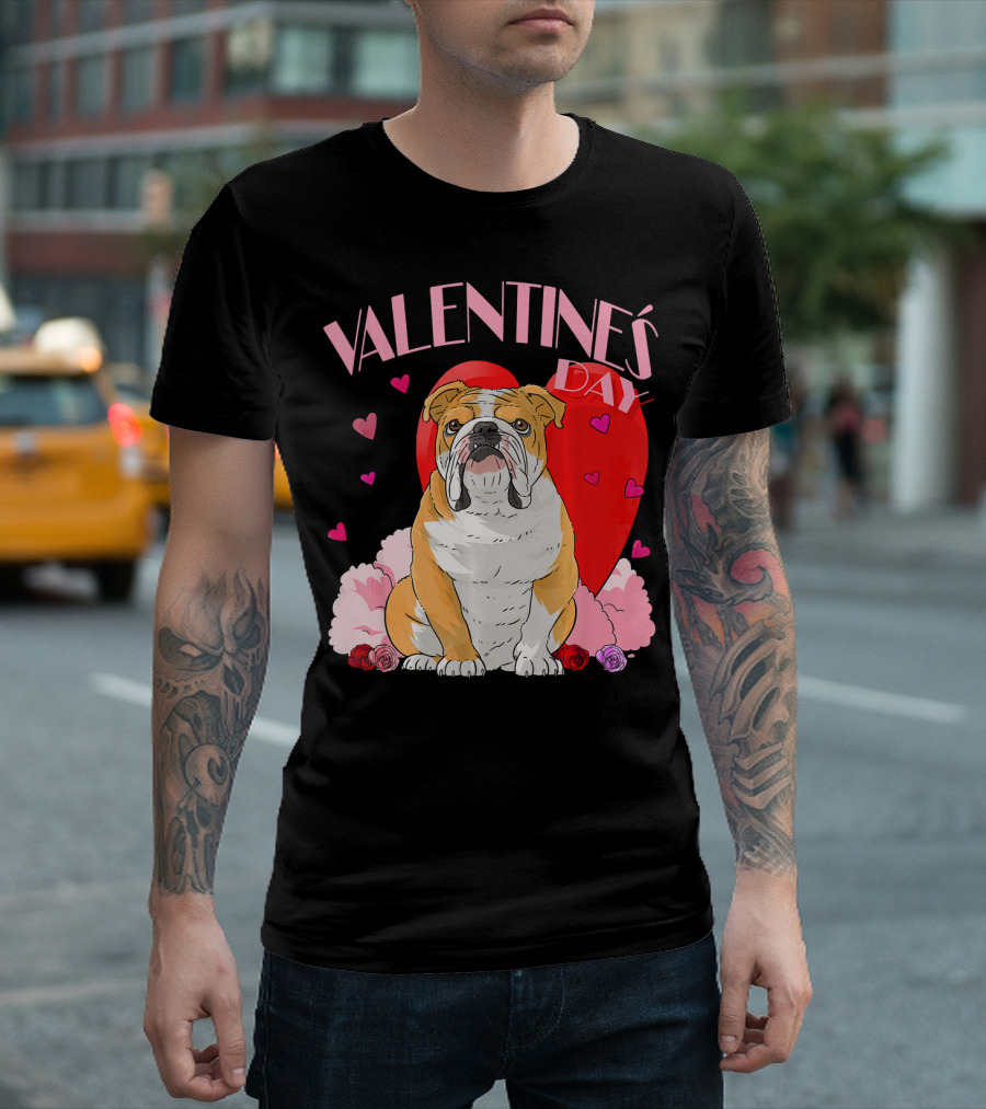 Valentine's Day English Bulldog with Hearts and Roses T-Shirt