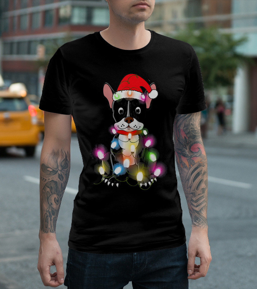 French Bulldog Santa Hat Wrapped in Colorful Christmas Lights T-Shirt