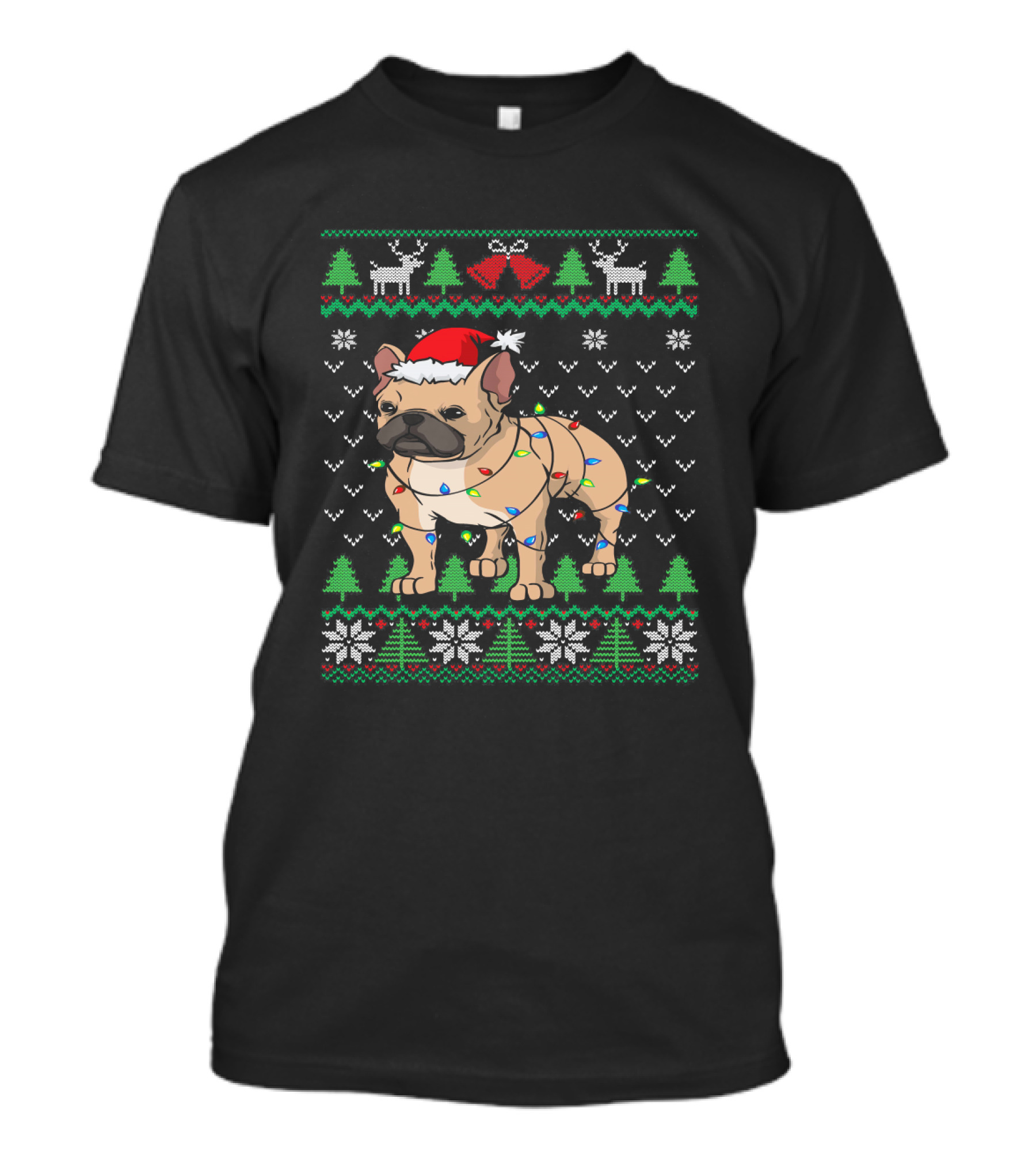 Frenchie Dog Wrapped In Christmas Lights Wearing Santa Hat Ugly Christmas T-Shirt