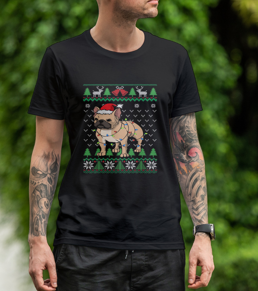 Frenchie Dog Wrapped In Christmas Lights Wearing Santa Hat Ugly Christmas T-Shirt
