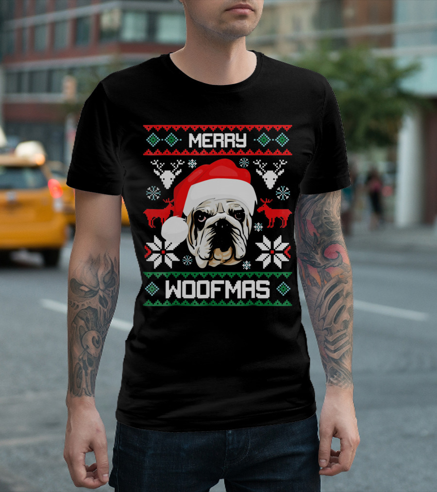 Merry Woofmas English Bulldog Santa Hat Ugly Christmas T-Shirt