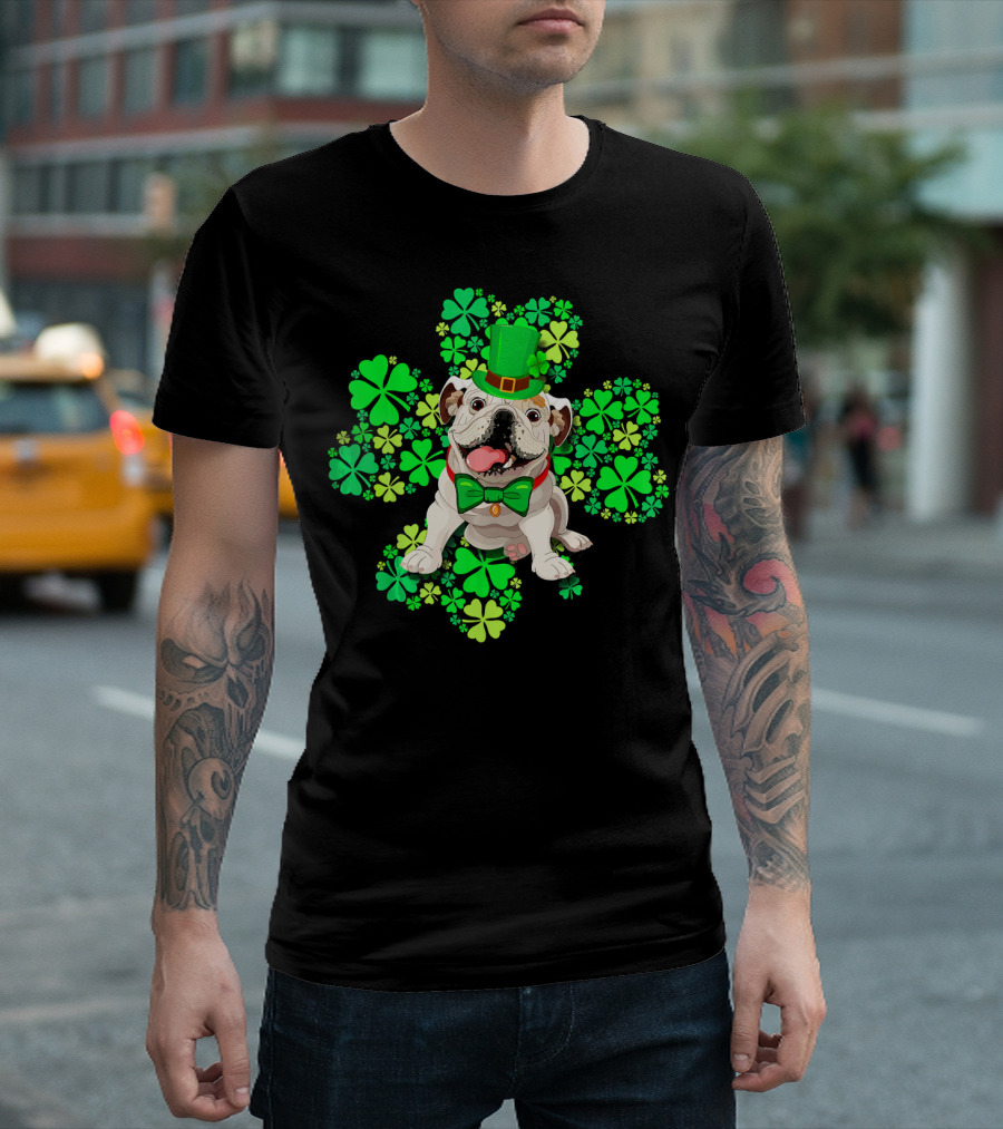 English Bulldog St. Patrick's Day Clover Hat and Bow Tie T-Shirt