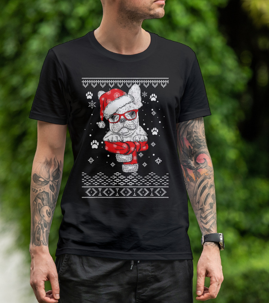French Bulldog Santa Hat Red Scarf Christmas T-Shirt