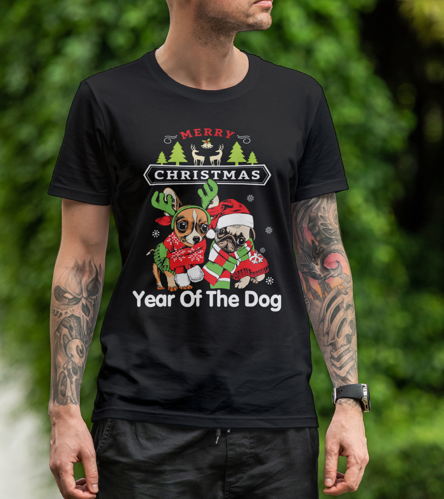 Merry Christmas Year Of The Dog Chihuahua Vs Pug Holiday Festive T-Shirt