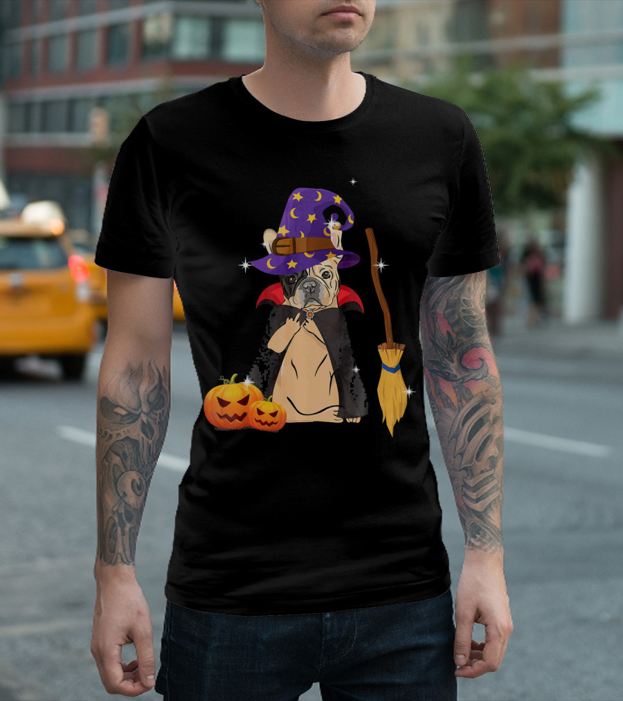 Funny French Bulldog Wizard with Halloween Pumpkins and Broomstick T-Shirt