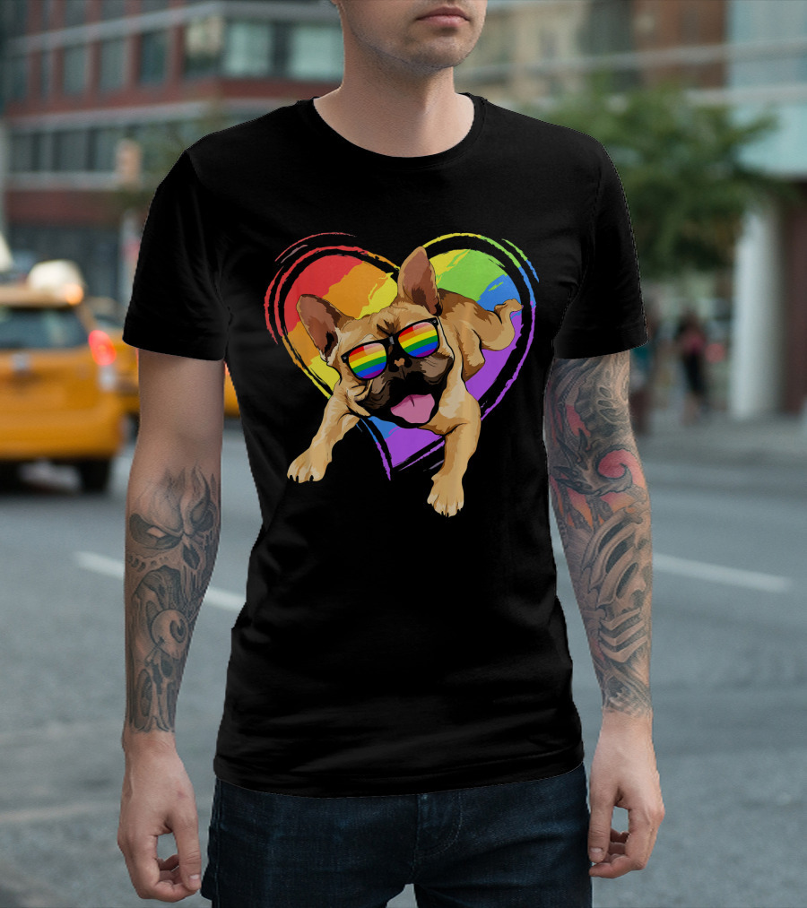 French Bulldog With Rainbow Heart And Pride Sunglasses T-Shirt