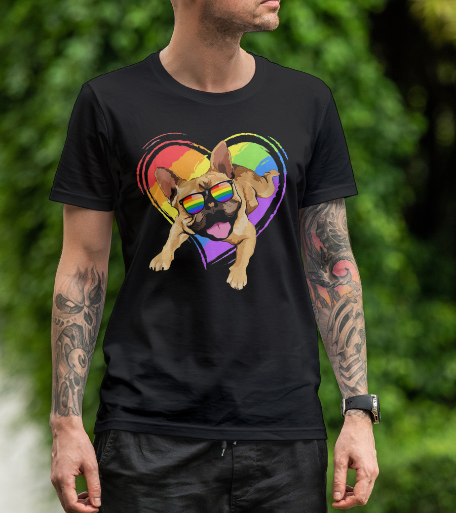 French Bulldog With Rainbow Heart And Pride Sunglasses T-Shirt