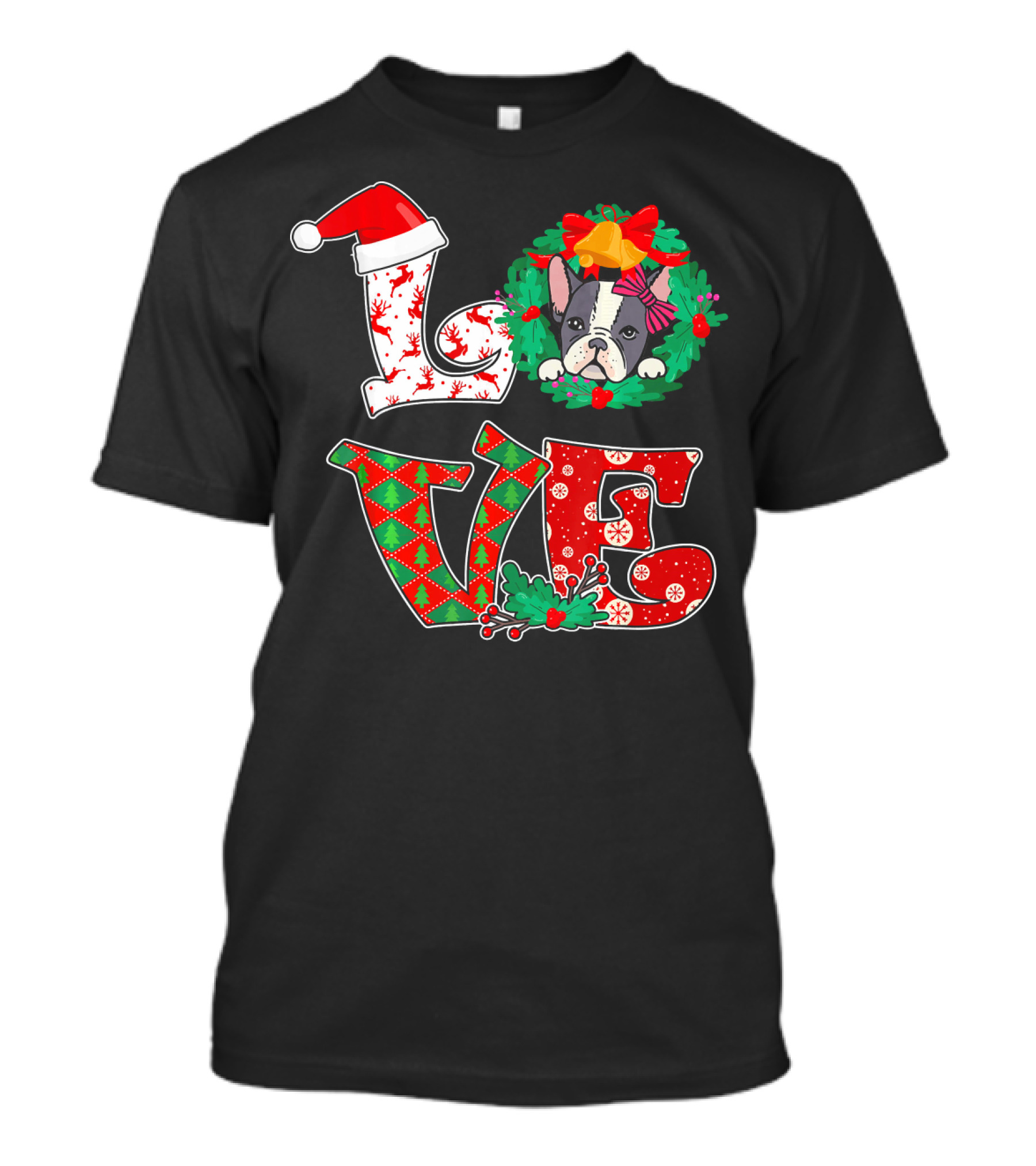 Love Funny French Bulldog Christmas Wreath Holiday T-Shirt