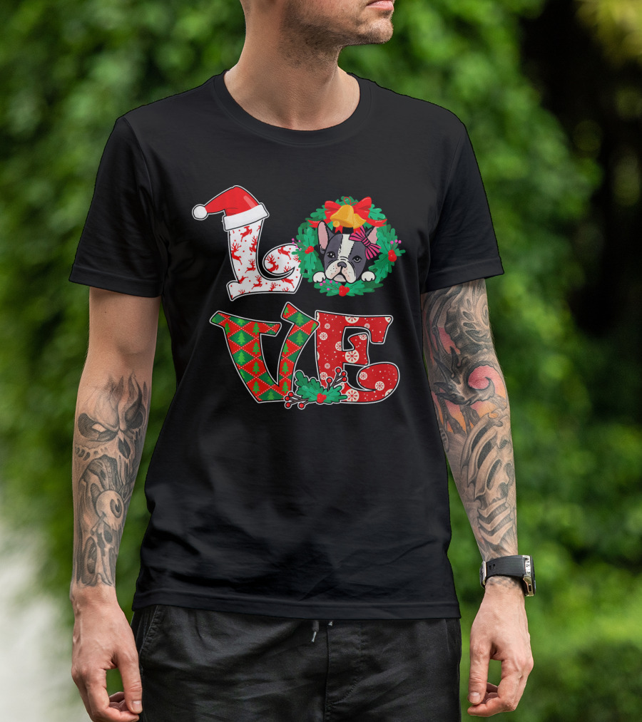 Love Funny French Bulldog Christmas Wreath Holiday T-Shirt