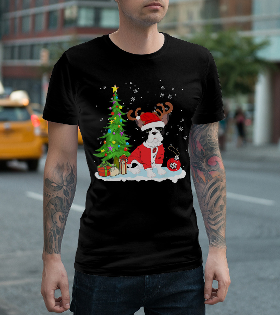 French Bulldog Christmas Santa with Reindeer Antlers by Christmas Tree T-Shirt