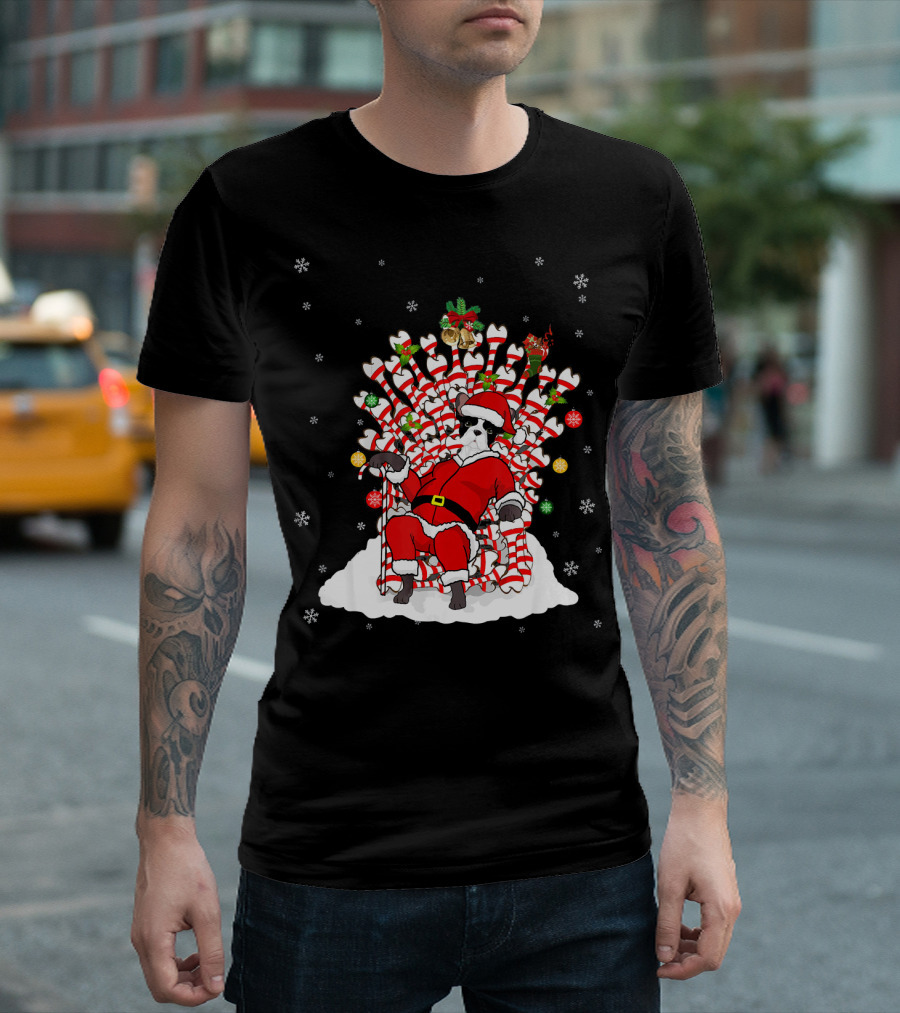 French Bulldog Santa On Candy Cane Throne With Snowflakes And Holiday Decor T-Shirt