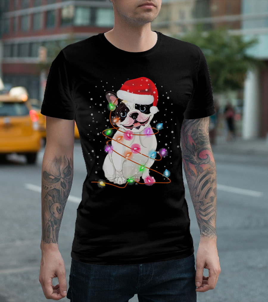 French Bulldog Santa Hat Christmas Lights Holiday Dog T-Shirt