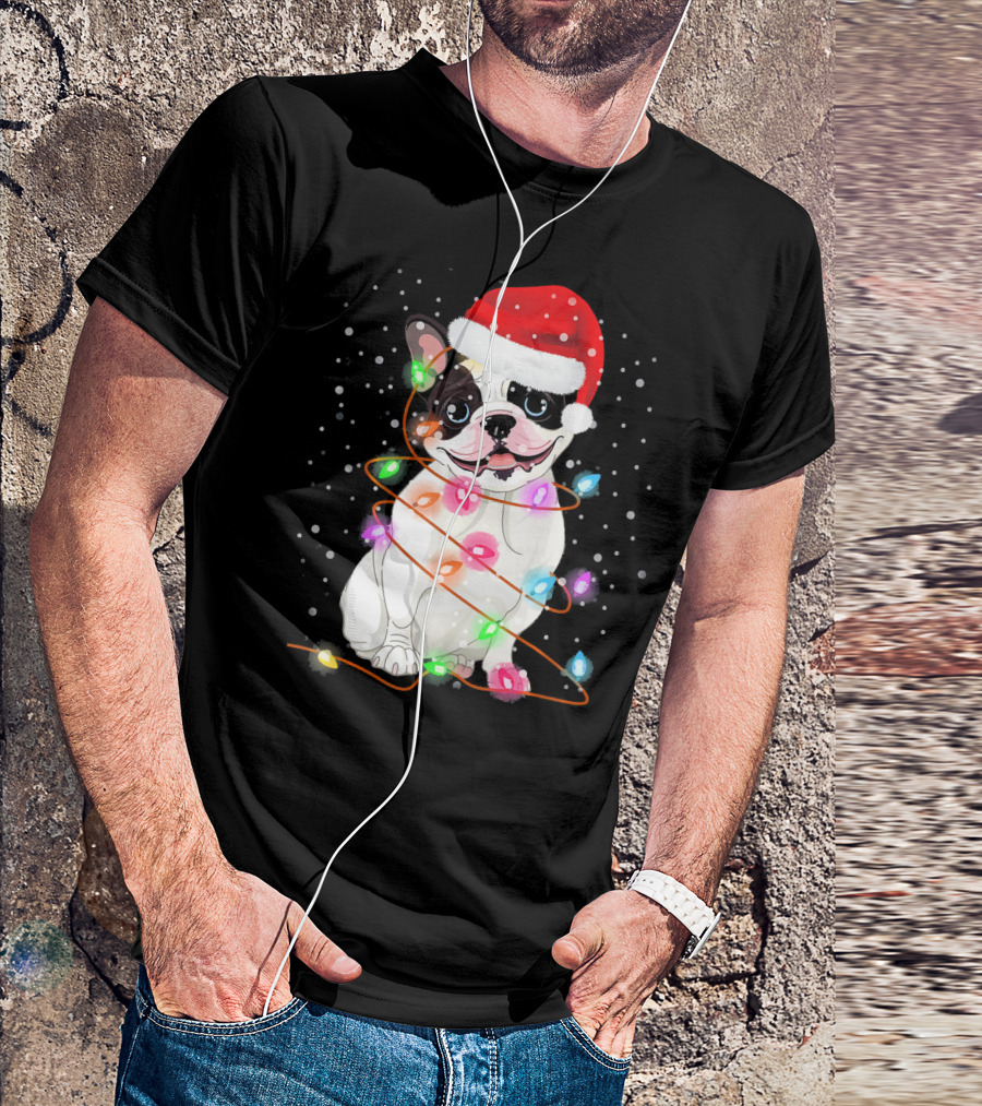 French Bulldog Santa Hat Christmas Lights Holiday Dog T-Shirt