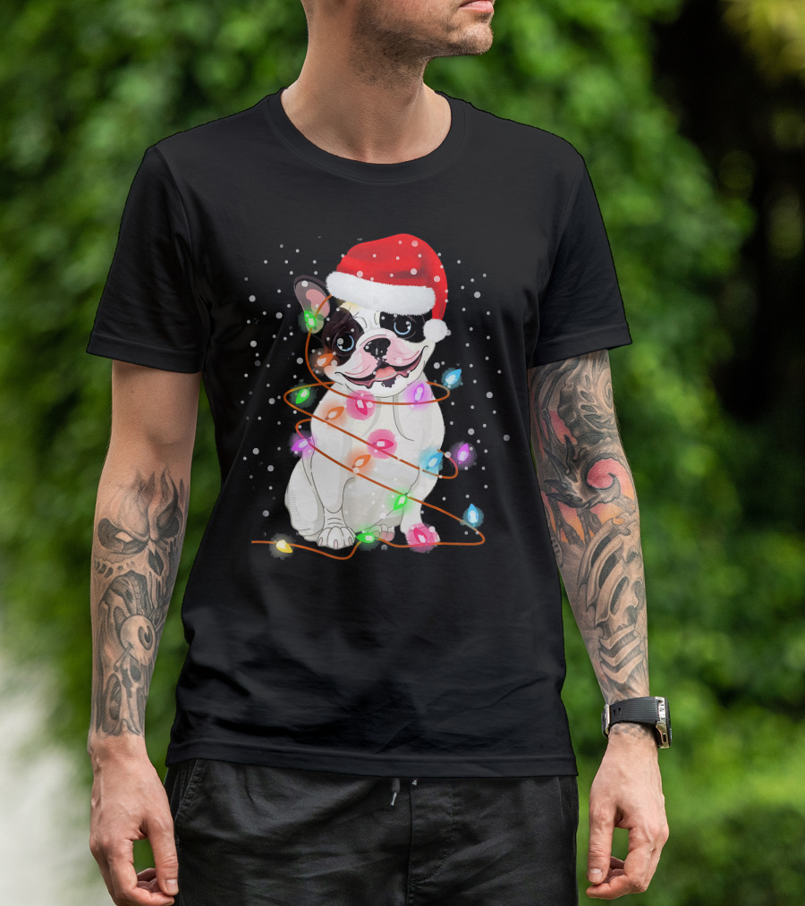 French Bulldog Santa Hat Christmas Lights Holiday Dog T-Shirt