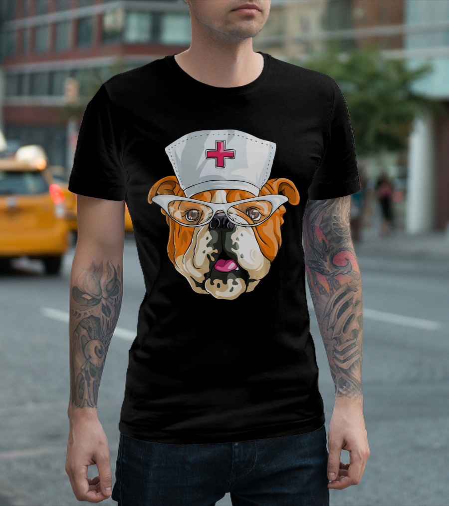 Bulldog Nurse With Glasses and Nurse Cap T-Shirt