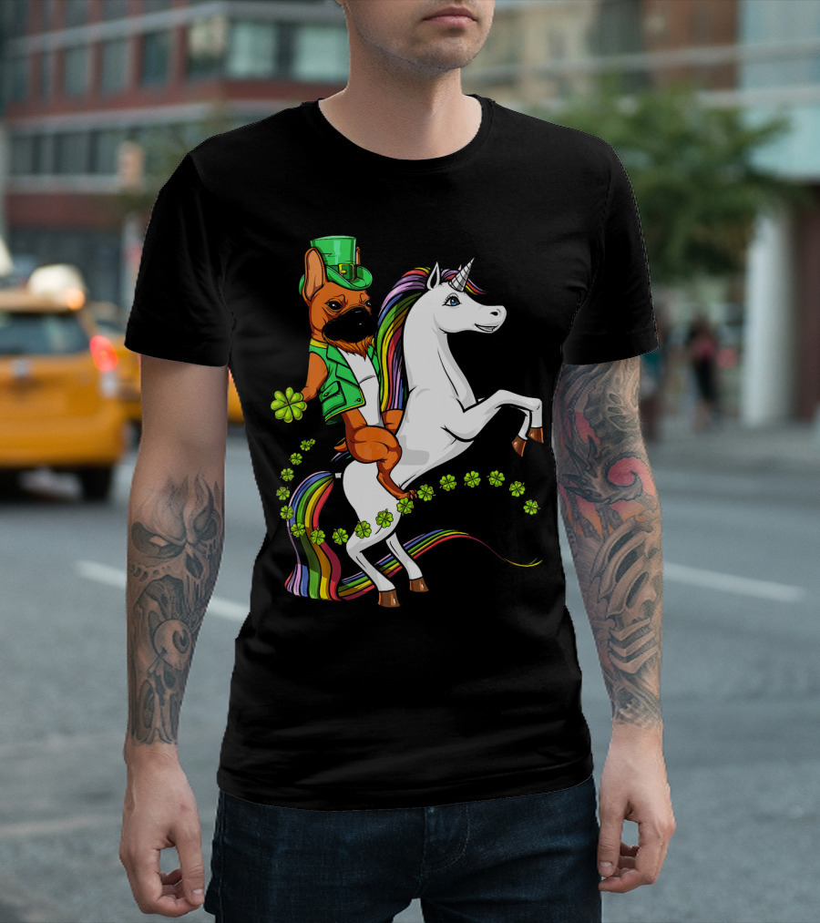 French Bulldog Leprechaun with Shamrocks Riding Rainbow Unicorn T-Shirt