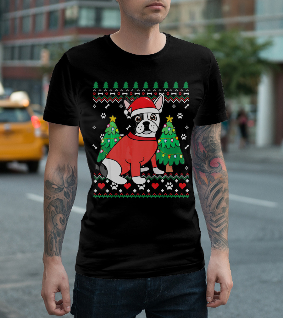 French Bulldog Frenchie Christmas Ornament Santa Hat Trees Paw Prints T-Shirt