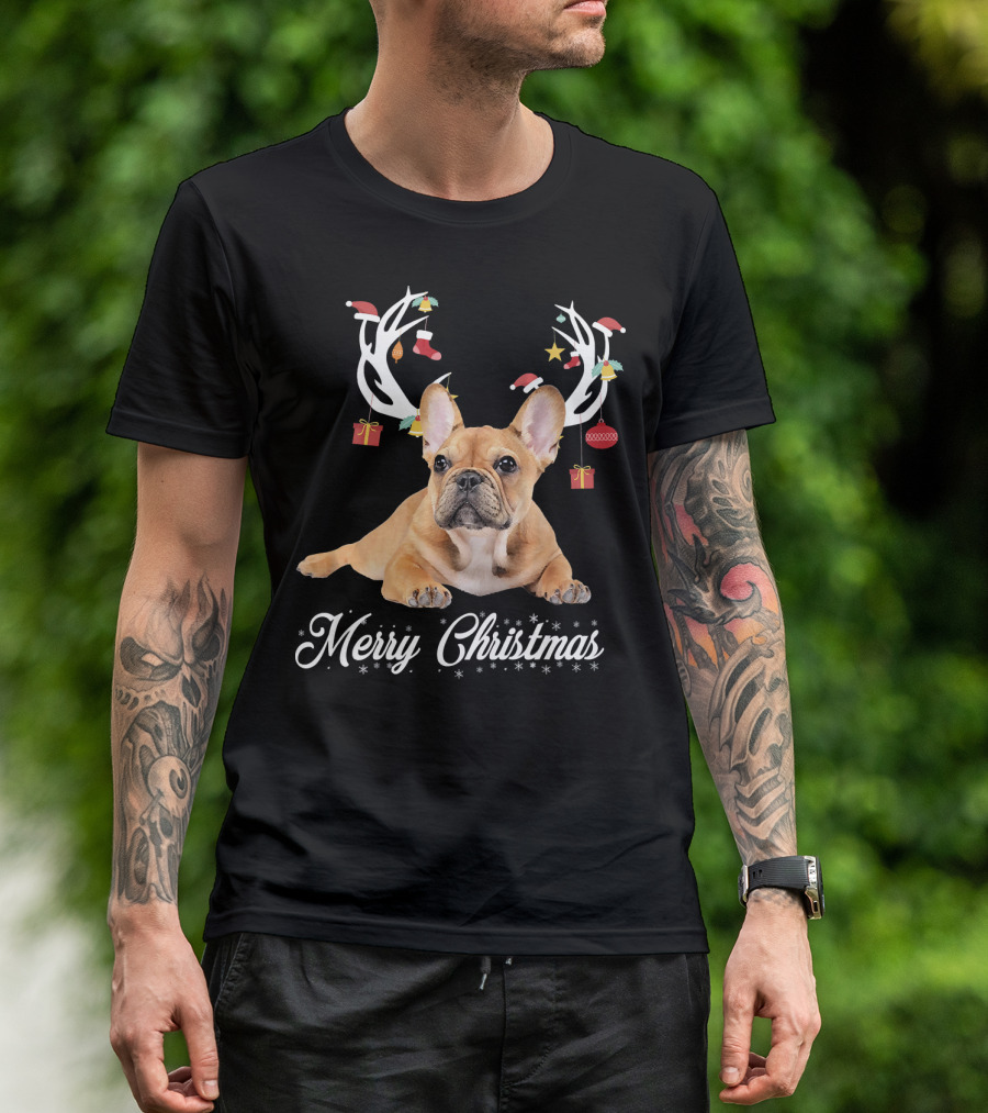 French Bulldog Merry Christmas Reindeer Antlers T-Shirt