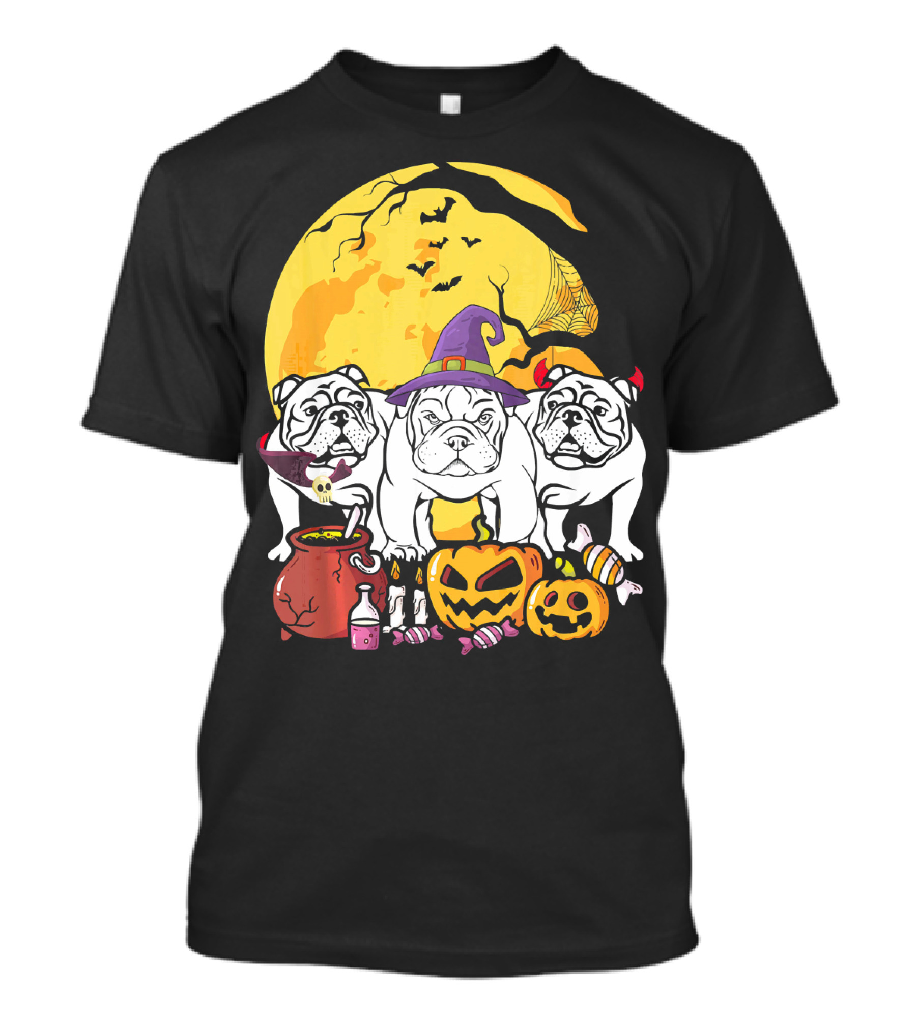 English Bulldog Witch Halloween Pumpkins Candy Cauldron Full Moon Ghosts T-Shirt