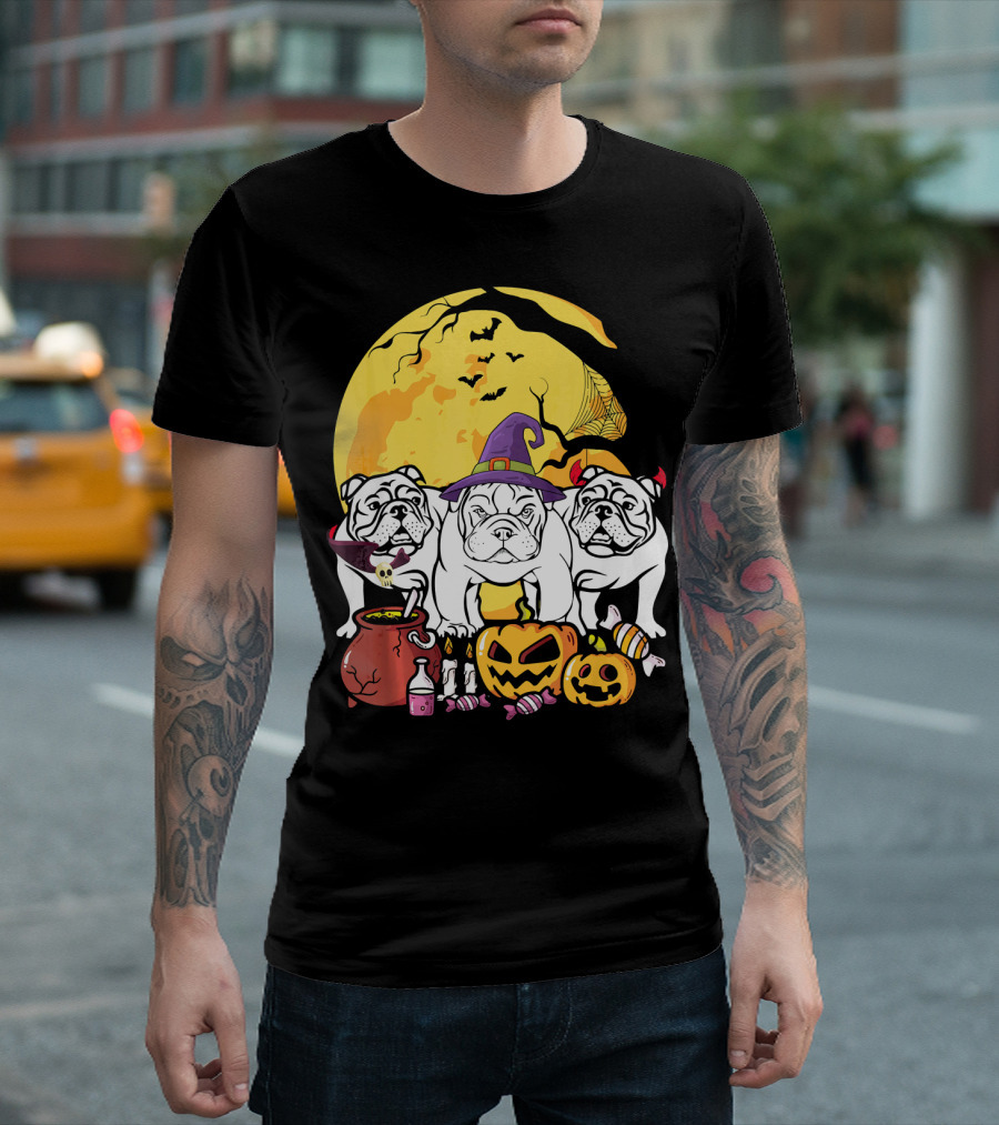 English Bulldog Witch Halloween Pumpkins Candy Cauldron Full Moon Ghosts T-Shirt