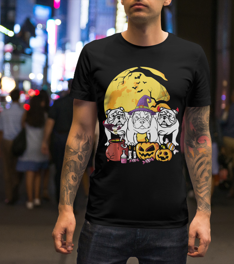 English Bulldog Witch Halloween Pumpkins Candy Cauldron Full Moon Ghosts T-Shirt