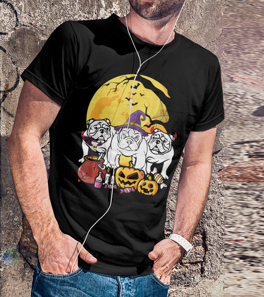 English Bulldog Witch Halloween Pumpkins Candy Cauldron Full Moon Ghosts T-Shirt