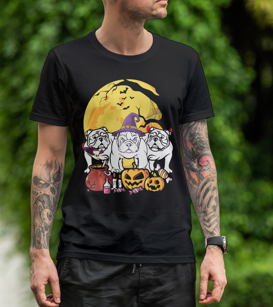 English Bulldog Witch Halloween Pumpkins Candy Cauldron Full Moon Ghosts T-Shirt